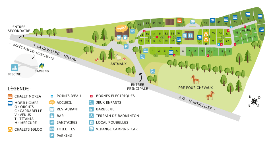 Le plan du camping Au Tour de l'Aveyron